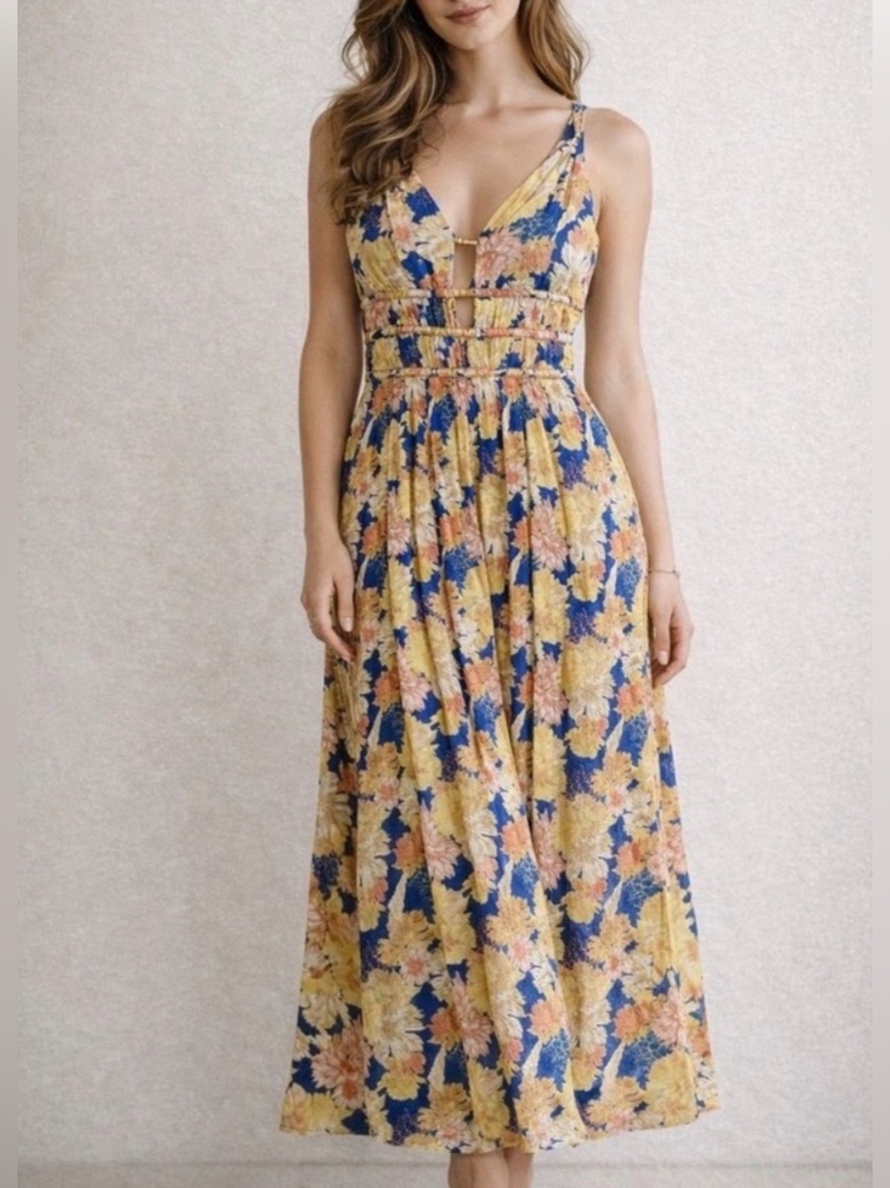 Caroline Constas Blue Floral Strappy Sleeveless V-Neck Midi Beaded Pockets XS
